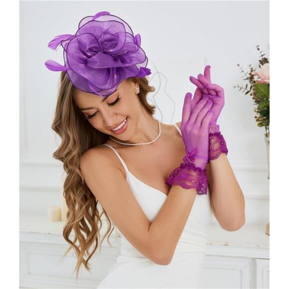 Fascinator Hat Veil Feather Purple main image 4